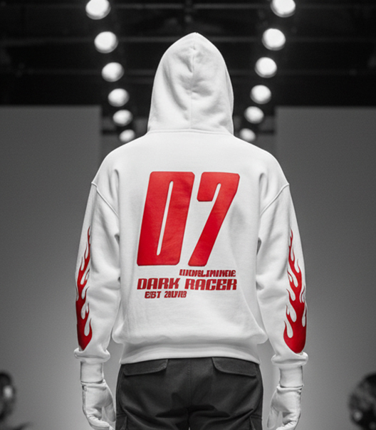 Fire Racer white oversized hoodie by Darkside Clothings – premium baggy streetwear hoodie in white color